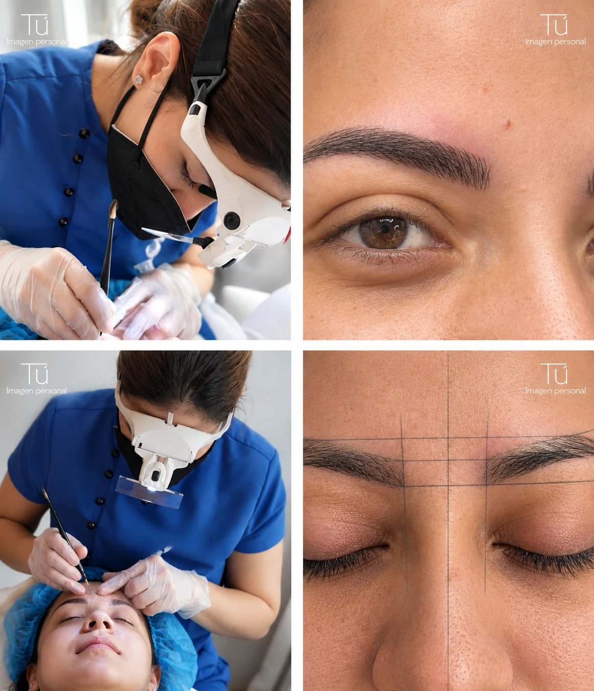 Proceso de micropigmentación de cejas en TÚ Imagen Personal, Valladolid: especialista trabajando con lupa y diseño de las cejas con guías de simetría