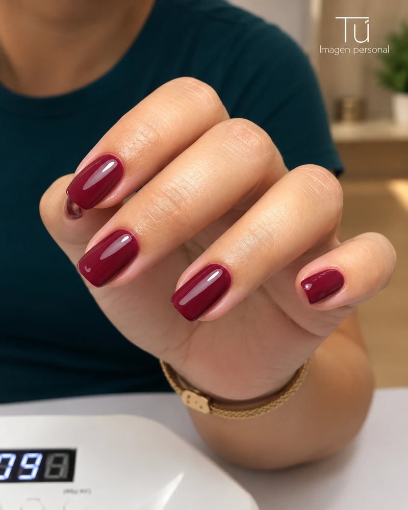 Manicura en gel granate con acabado brillante